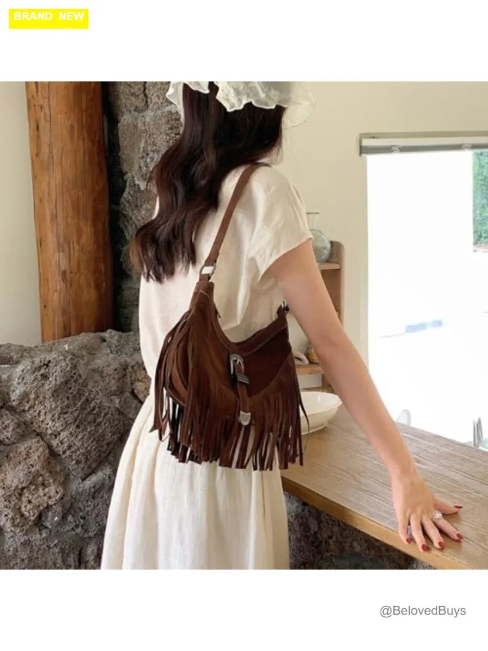 Vegan Suede Fringe Hobo Purse with Tassel Crossbody Shoulder Bag